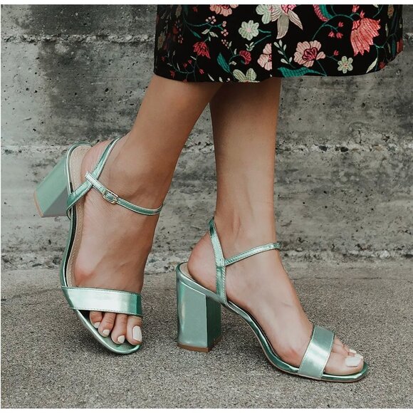 NEW Lulus 7.5 Arya Green Metallic High Heel Sandals Chunky Block Strappy Heels - Picture 1 of 9